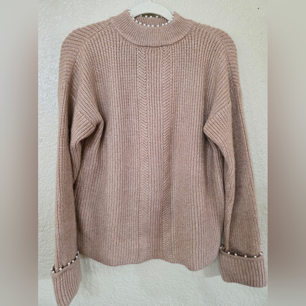 Crown & Ivy Taupe Turtleneck Sweater With Pearl Detail